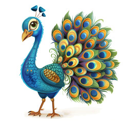 Cute Funny Cartoon Peacock, Illustration for Children Book, Generative AI