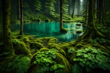 Obraz premium The forest gradually turns green in the spring, bringing with it a wealth of variation when nature resurrects. The serene splendor of the lake inside the forest adds a new level of beauty to nature