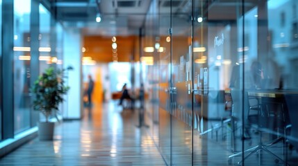 Blurred effect of office with people working behind glass wall