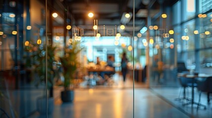 Blurred effect of office with people working behind glass wall