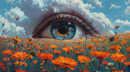 Surreal Eye Gazing Over Vibrant Psychedelic Flower Field Under Dreamlike Skies