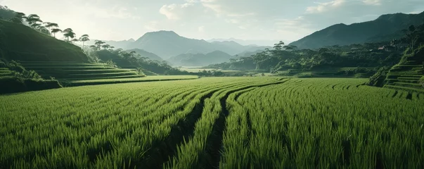 Foto op Canvas Lush green rice fields with roads winding through them. The view is peaceful and serene © jambulart