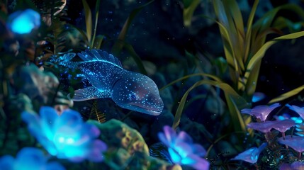 Animation of a nocturnal animal interacting with bioluminescent plants in its habitat low texture