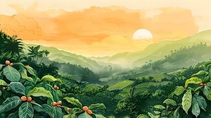 Stunning sunrise over lush coffee plantations in a scenic tropical highland landscape the birthplace of a global obsession - obrazy, fototapety, plakaty