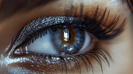 Detailed shot of a womans vibrant blue eye, showing iris and eyelashes up close