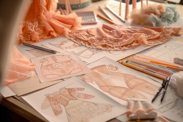 An illustration of fashion designer's studio with sketches of lingerie designs and fabric samples laid out on a desk, in peach fuzz colors, Sunlight bathes a table full of warm-toned lingerie design - obrazy, fototapety, plakaty