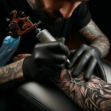 Tatuador em luvas pretas est&aacute; tatuando uma flor com uma m&aacute;quina de tatuagem