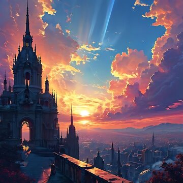 Cyberpunk mega-city skyline at dusk replete Sunrise Japanese animation style city view, retro concept.