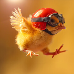 Flying yellow little baby chickenn in red motorcycle helmet and goggles