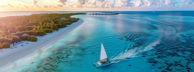 Luxury island landscape in Maldives Sail boat blue sea water horizon reef water villas Tropical beach amazing aerial seascape view from drone Beautiful nature people snorkel excursion recreatio - obrazy, fototapety, plakaty