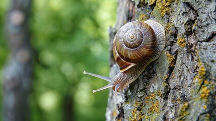 A snail is slowly making its way up a tree trunk, using its slimy body and suction cup-like foot