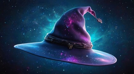 Cosmic witch hat with galaxy texture. Magical sorcerer hat in space theme. Halloween Party Hat. Concept of fantasy, magic, cosmos, witchcraft, and mystery. Digital art. Purple - obrazy, fototapety, plakaty