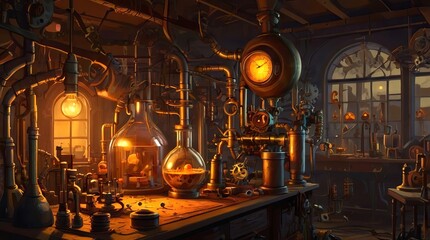 Steampunk laboratory with a glowing jack-o'-lantern. Magical Halloween setting. Mad scientist's laboratory with Halloween-inspired inventions. Concept of fantasy science, invention, and holiday.