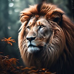 Naklejka premium Close up photo of lion portrait of a lion Löwe in der Savanne, moody mit Bokeh erstellt mit.