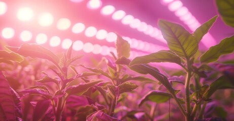 Fototapeta na wymiar Detailed view of multiple fresh lettuce leaves gathered together under LED grow lights. Providing the essential light spectrum that plants need for photosynthesis and growth
