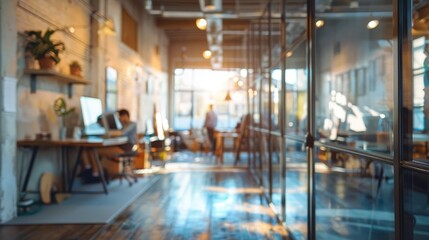Fototapeta premium Blurred effect of office with people working behind glass wall