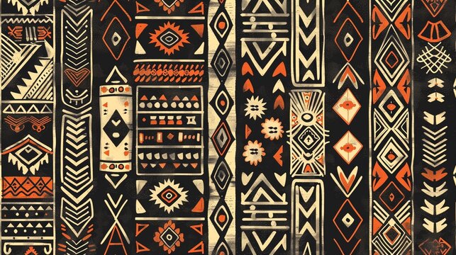 Tribal pattern design inspired by indigenous cultures, featuring intricate motifs and earthy tones.