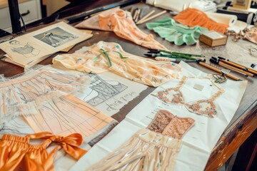 A vibrant workspace with fashion design drawings and lingerie sketches spread across the table and fabric samples laid out on a desk light atmosphere, in peach fuzz colors