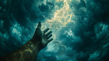 Cinematic, From beneath the water, looking up towards the blue cloudy sky, see a person extending their hand. First person perspective