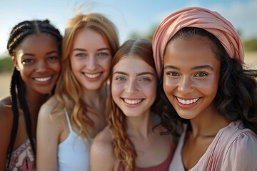 Obraz premium Group portrait of happy diverse women standing together.