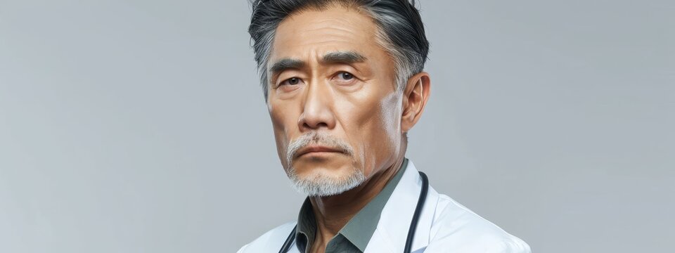 Middle aged Asian doctor talking with video call. with copy space image. Place for adding text or design