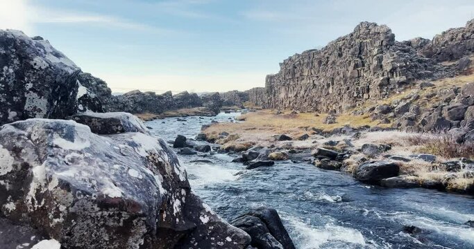 Panoramic view of Thingvellir national park with Ax River in Iceland in summer