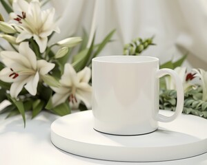 Obraz na płótnie Canvas A white coffee cup is placed on top of a white table, creating a simple and clean aesthetic