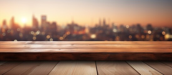 Obraz na płótnie Canvas A hardwood table stands empty with a city skyline beyond, contrasting the natural texture of wood with the concrete jungle of buildings and asphalt roads