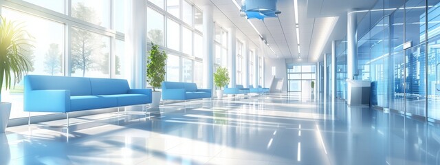 Minimalist modern hospital lobby with sofa in background of beautiful sunlight and sunshine. Hospital concept for treatment and medical treatment.