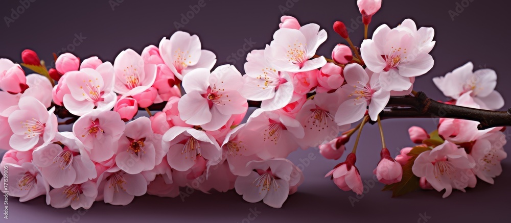 Sticker a closeup of pink cherry blossoms on a purple background showcasing the beauty of these delicate pet