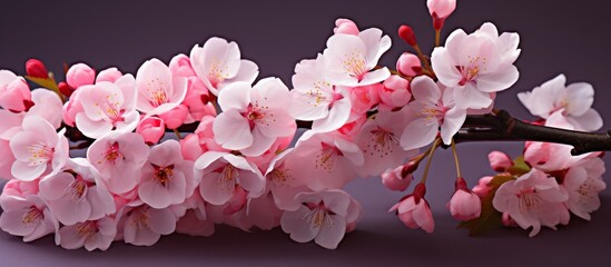 A closeup of pink cherry blossoms on a purple background showcasing the beauty of these delicate petals on the trees twig