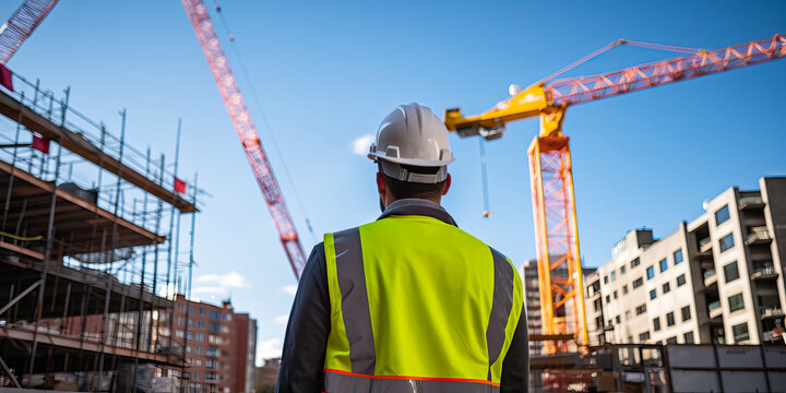 Construction engineer wearing yellow reflective vest and safety helmet stands in front of large construction site.
