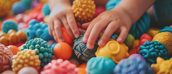 Close up on hands playing with sensory toys, focus, detailed texture, calming colors.  - obrazy, fototapety, plakaty