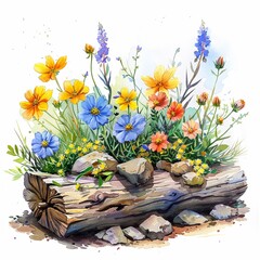 Blooming wildflowers cartoon on a log, dreamy watercolors, pastel palette, white background ,3DCG,high resulution