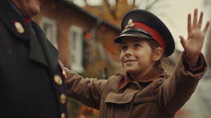 girl waving to an older man in uniform