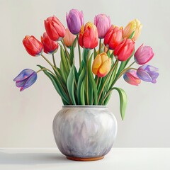 Whimsical cartoon tulips, watercolor pastels, in a simple vase, colorful on white ,3DCG,high resulution
