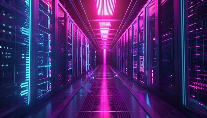 Visualizing IoT & Data Flow. Modern Server Racks in Dark Room. Illustrating Digitalization & Internet Traffic Complexity in Electric Equipment Warehouse with VFX