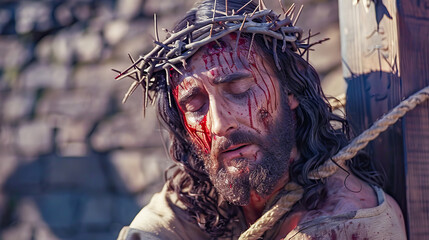 Dramatic portrayal of Jesus with a crown of thorns, bloodied face, ai generated - obrazy, fototapety, plakaty