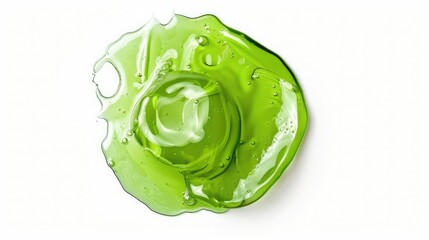 Green dishwashing liquid, detergent puddle isolated on white background, top view