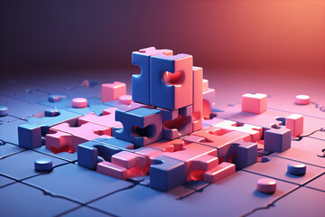 3d minimal problem solving concept. teamwork collaboration concept. A jigsaw puzzle is going to connect together. - obrazy, fototapety, plakaty