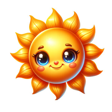 sun cartoon character with a smile, 3D sun icon isolated on transparent background, png. Concept of joy and wonder, weather, emoji, happiness
