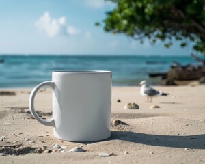 Fototapeta na wymiar A white coffee cup is placed on top of a sandy beach, the contrast between the white cup and the golden sand creates a simple scene