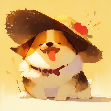 a happy dog wearing a hat, lovely cute cartoon