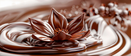 A chocolate flower is floating on a pool of chocolate, elegance and beauty