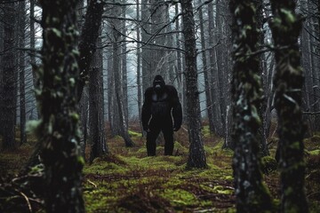 A rare shot of the bigfoot in a forest. - obrazy, fototapety, plakaty