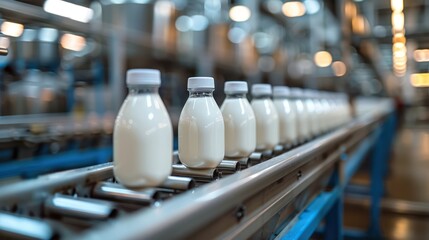Milk on the factory conveyor belt Modern food industry, dairy processing factory