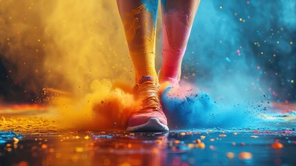 Chalked Stride: Close-Up of Woman Athlete's Trainers and Legs Walking Through Colorful Chalk, Gym Shot