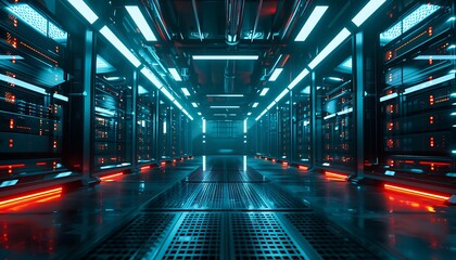 Visualizing IoT & Data Flow. Modern Server Racks in Dark Room. Illustrating Digitalization & Internet Traffic Complexity in Electric Equipment Warehouse with VFX