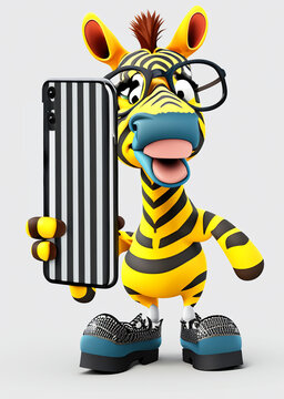 Humorous image of standing posing dressed zebra with mobile phone. Metaphor. Cartoon dressed up zebra in yellow overalls with striped cellphone with glasses and sneakers taking selfie. 