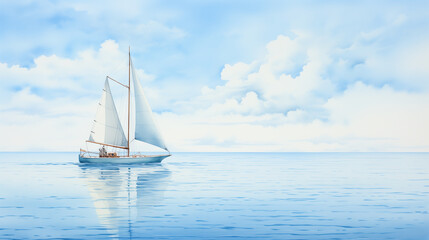 Tranquility envelops a sailboat's journey across a serene sea in a digital watercolor portrayal, where its silhouette seamlessly merges with the gentle hues of the sky.